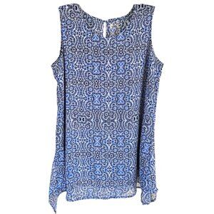 Fever High Low Tunic Women's Medium Blue White Sleeveless Chiffon Blouse